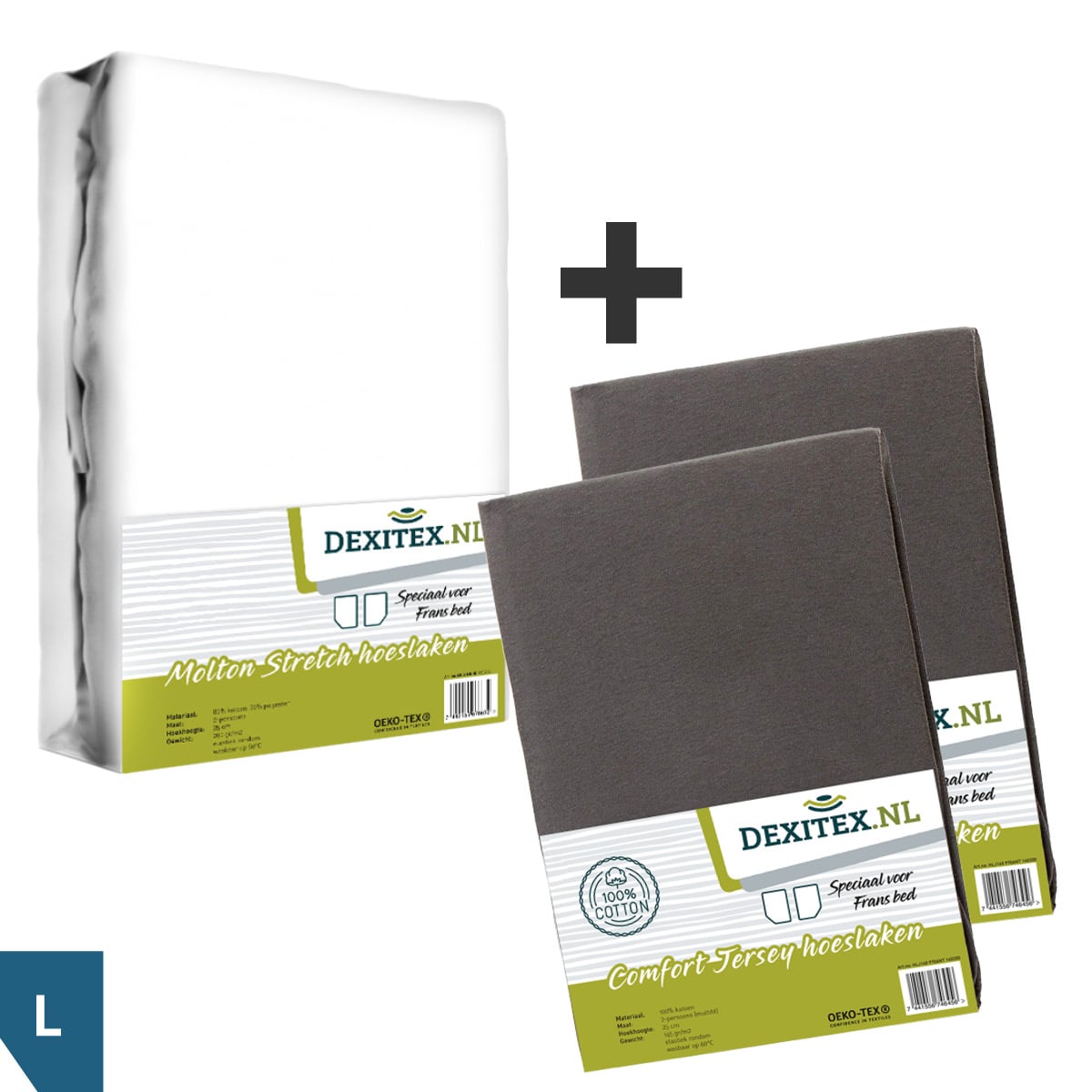 Dexitex_NL_Fransbed_set_Links_molton wit_2x jersey antraciet Textielpakket voor een Fransbed, Links - 1x molton wit + 2x jersey hoeslaken antraciet