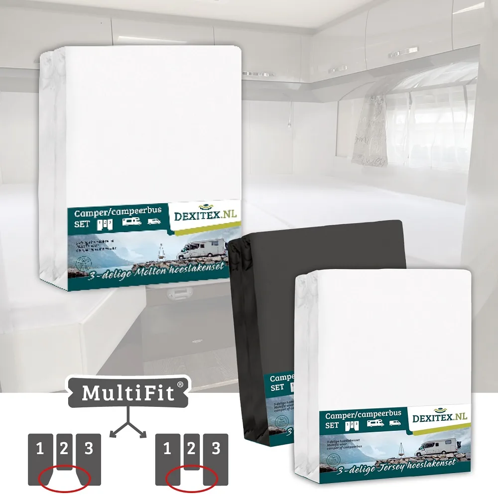 Pack textile lit en longueur Camper avec matelas central - 2 jeux de draps-housses (3 pièces) et 1 jeu de draps-housses (3 pièces)
